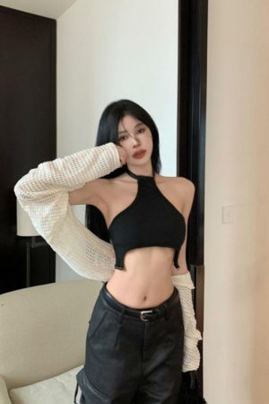 Pure Cotton Spicy Girl Irregular Halter Backless Camisole - Women's Slim Niche Cropped Top with Exposed Navel Design