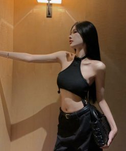 Pure Cotton Spicy Girl Irregular Halter Backless Camisole - Women's Slim Niche Cropped Top with Exposed Navel Design