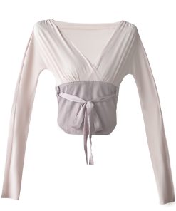 Pure Desire Long Sleeve T-Shirt for Women - V-Neck, Waist-Defined, Spliced Tie Jacket in Ballet/Socialite Style, Chic and Elegant