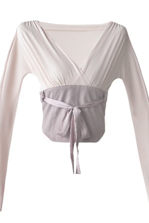 Pure Desire Long Sleeve T-Shirt for Women - V-Neck, Waist-Defined, Spliced Tie Jacket in Ballet/Socialite Style, Chic and Elegant