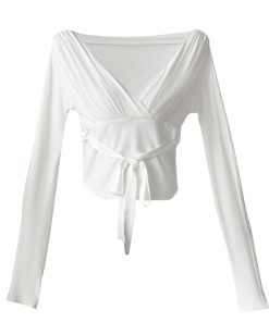 Pure Desire Long Sleeve T-Shirt for Women - V-Neck, Waist-Defined, Spliced Tie Jacket in Ballet/Socialite Style, Chic and Elegant