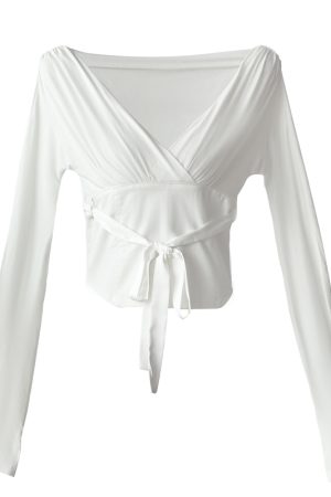 Pure Desire Long Sleeve T-Shirt for Women - V-Neck, Waist-Defined, Spliced Tie Jacket in Ballet/Socialite Style, Chic and Elegant