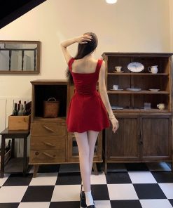 Pure Desire Red Spaghetti Strap Dress for Women - French Style, Waist-Cinching A-Line Skirt, Stylish Summer Fashion for Hot Girls