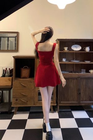 Pure Desire Red Spaghetti Strap Dress for Women - French Style, Waist-Cinching A-Line Skirt, Stylish Summer Fashion for Hot Girls