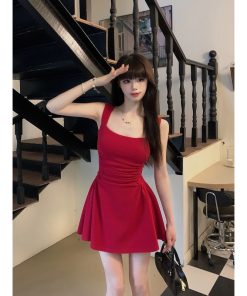 Pure Desire Red Spaghetti Strap Dress for Women - French Style, Waist-Cinching A-Line Skirt, Stylish Summer Fashion for Hot Girls