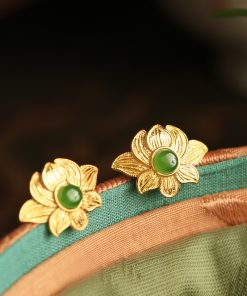 Pure Silver Lotus Flower Earrings for Women - Chinese Style National Wind, Light Luxury Jadeite Detail, Elegant Floral Design