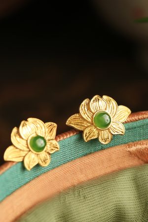 Pure Silver Lotus Flower Earrings for Women - Chinese Style National Wind, Light Luxury Jadeite Detail, Elegant Floral Design