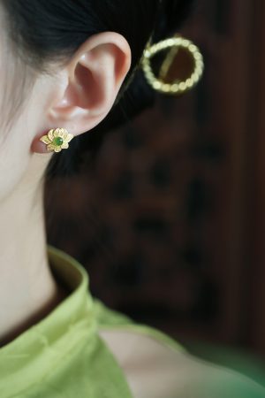 Pure Silver Lotus Flower Earrings for Women - Chinese Style National Wind, Light Luxury Jadeite Detail, Elegant Floral Design