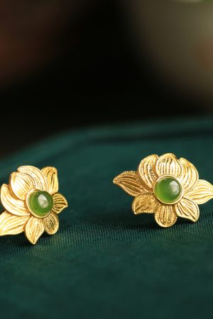 Pure Silver Lotus Flower Earrings for Women - Chinese Style National Wind, Light Luxury Jadeite Detail, Elegant Floral Design