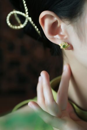 Pure Silver Lotus Flower Earrings for Women - Chinese Style National Wind, Light Luxury Jadeite Detail, Elegant Floral Design