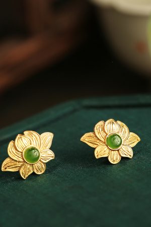 Pure Silver Lotus Flower Earrings for Women - Chinese Style National Wind, Light Luxury Jadeite Detail, Elegant Floral Design