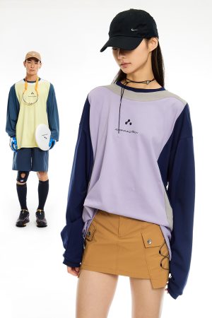 Purple and Light Green Spliced Long Sleeve T-Shirt - Cool Feel, 90s Inspired, Graphic Print, Trendy Streetwear Style