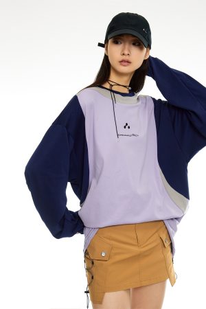 Purple and Light Green Spliced Long Sleeve T-Shirt - Cool Feel, 90s Inspired, Graphic Print, Trendy Streetwear Style