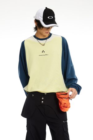 Purple and Light Green Spliced Long Sleeve T-Shirt - Cool Feel, 90s Inspired, Graphic Print, Trendy Streetwear Style