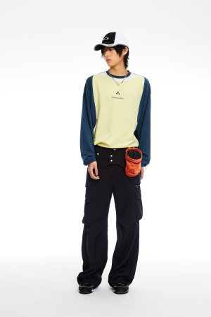 Purple and Light Green Spliced Long Sleeve T-Shirt - Cool Feel, 90s Inspired, Graphic Print, Trendy Streetwear Style
