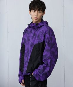Purple and Yellow Spotted Patchwork Hoodie Jacket - Y2K Inspired Roaring Beast Design, Trendy Casual Outerwear for Fashion Lovers
