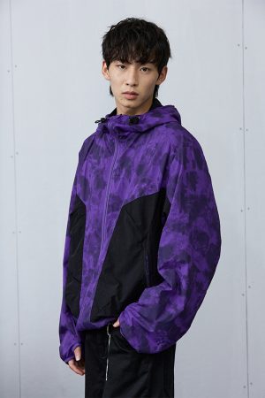 Purple and Yellow Spotted Patchwork Hoodie Jacket - Y2K Inspired Roaring Beast Design, Trendy Casual Outerwear for Fashion Lovers