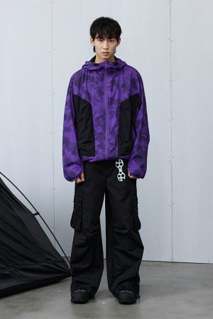 Purple and Yellow Spotted Patchwork Hoodie Jacket - Y2K Inspired Roaring Beast Design, Trendy Casual Outerwear for Fashion Lovers