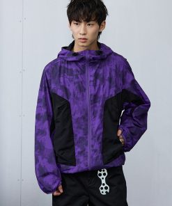 Purple and Yellow Spotted Patchwork Hoodie Jacket - Y2K Inspired Roaring Beast Design, Trendy Casual Outerwear for Fashion Lovers