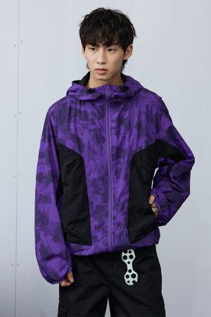 Purple and Yellow Spotted Patchwork Hoodie Jacket - Y2K Inspired Roaring Beast Design, Trendy Casual Outerwear for Fashion Lovers