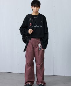 Purple Brick Red Pleated Structure Pocket Loose Long Pants - Trendy Streetwear, Stylish Everyday Casual Trousers, Modern Aesthetic Fashion