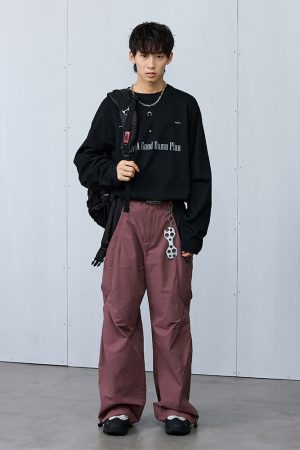 Purple Brick Red Pleated Structure Pocket Loose Long Pants - Trendy Streetwear, Stylish Everyday Casual Trousers, Modern Aesthetic Fashion