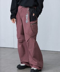 Purple Brick Red Pleated Structure Pocket Loose Long Pants - Trendy Streetwear, Stylish Everyday Casual Trousers, Modern Aesthetic Fashion
