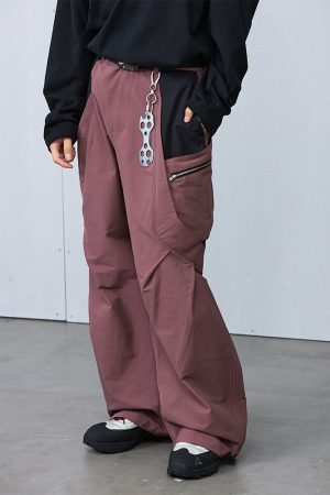 Purple Brick Red Pleated Structure Pocket Loose Long Pants - Trendy Streetwear, Stylish Everyday Casual Trousers, Modern Aesthetic Fashion