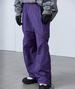 Purple Brick Red Pleated Structure Pocket Loose Long Pants - Trendy Streetwear, Stylish Everyday Casual Trousers, Modern Aesthetic Fashion