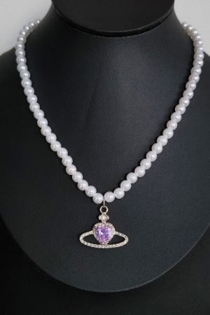 Purple Dreamy Planet Pearl Necklace for Women - Korean Instagram Style, Niche Shining Design