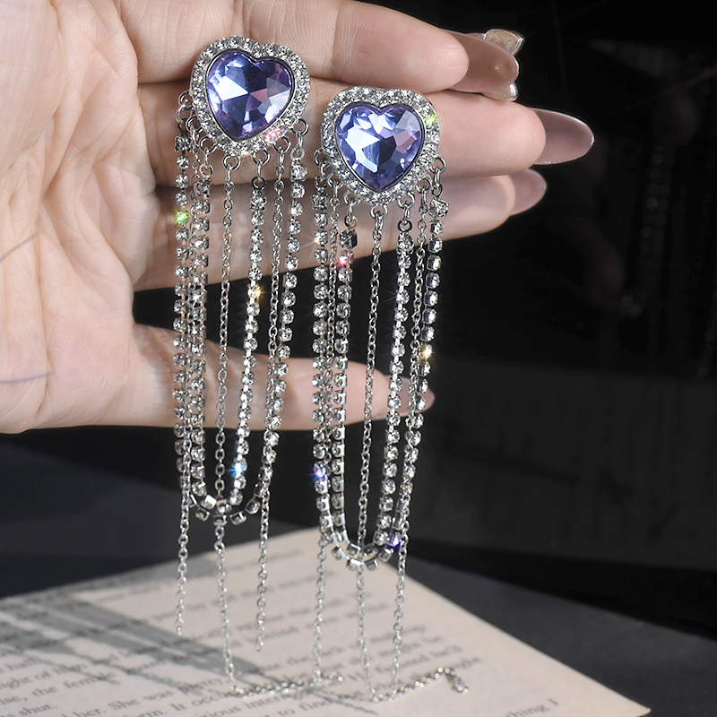 Purple Heart Tassel Long Earrings - Elegant Fashionista Ear Drops, Trendy Japanese & Korean Style with Silver Needles Purple Heart Tassel Long Earrings - Elegant Fashionista Ear Drops, Trendy Japanese & Korean Style with Silver Needles