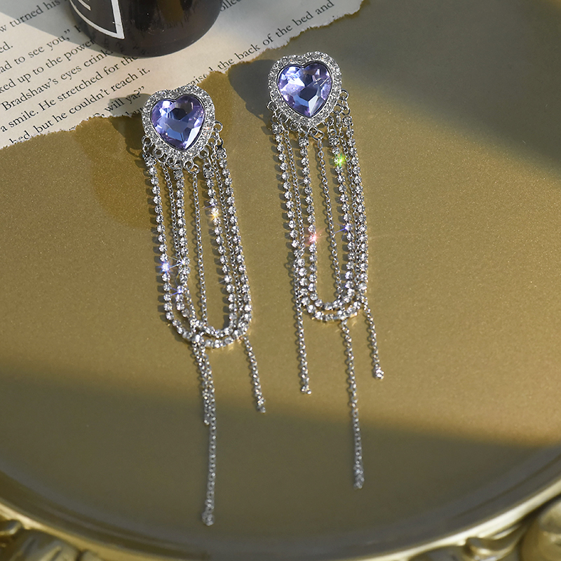Purple Heart Tassel Long Earrings - Elegant Fashionista Ear Drops, Trendy Japanese & Korean Style with Silver Needles Purple Heart Tassel Long Earrings - Elegant Fashionista Ear Drops, Trendy Japanese & Korean Style with Silver Needles