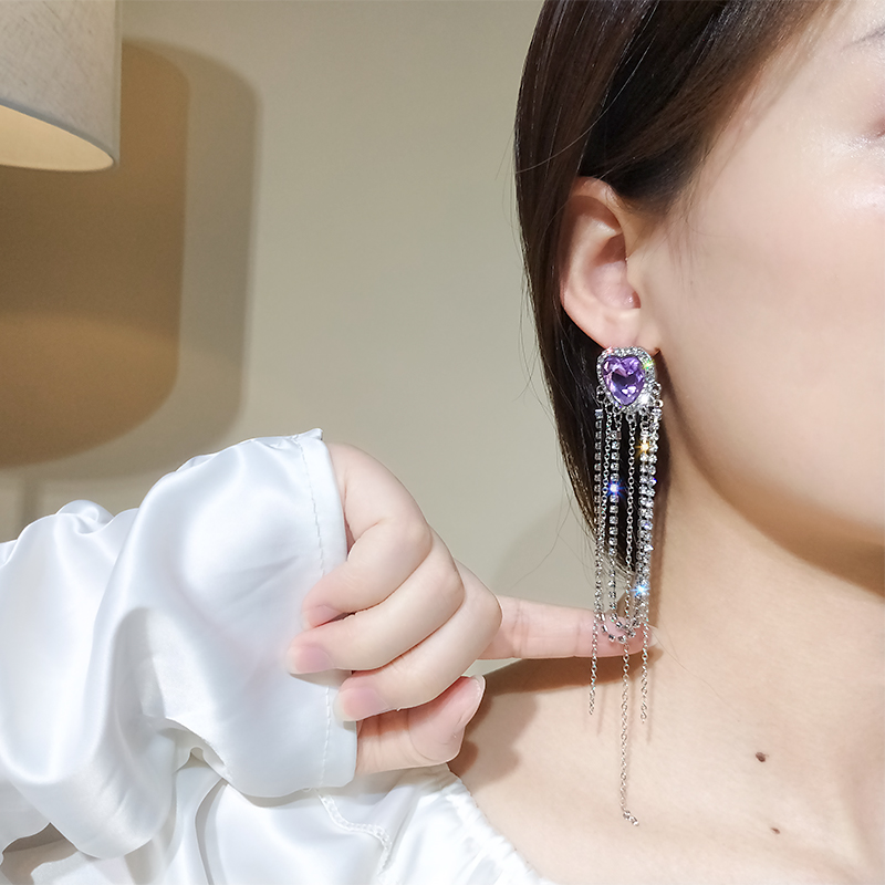Purple Heart Tassel Long Earrings - Elegant Fashionista Ear Drops, Trendy Japanese & Korean Style with Silver Needles Purple Heart Tassel Long Earrings - Elegant Fashionista Ear Drops, Trendy Japanese & Korean Style with Silver Needles