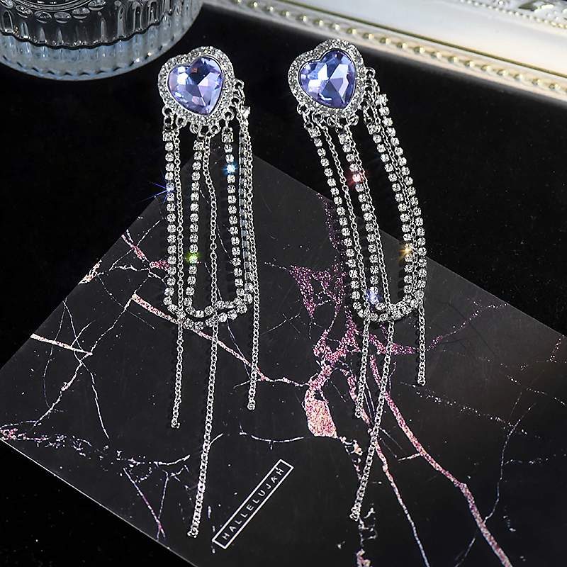 Purple Heart Tassel Long Earrings - Elegant Fashionista Ear Drops, Trendy Japanese & Korean Style with Silver Needles Purple Heart Tassel Long Earrings - Elegant Fashionista Ear Drops, Trendy Japanese & Korean Style with Silver Needles