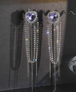 Purple Heart Tassel Long Earrings - Elegant Fashionista Ear Drops, Trendy Japanese & Korean Style with Silver Needles