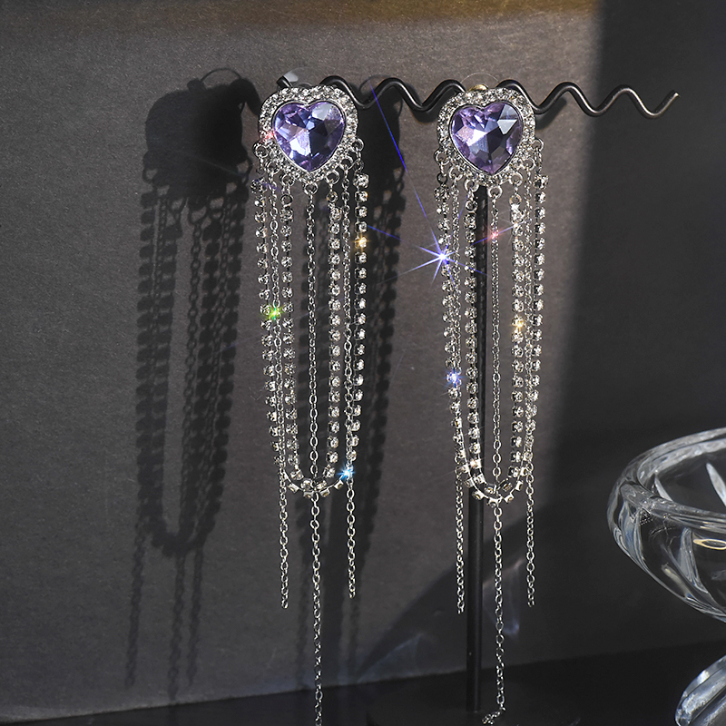 Purple Heart Tassel Long Earrings - Elegant Fashionista Ear Drops, Trendy Japanese & Korean Style with Silver Needles Purple Heart Tassel Long Earrings - Elegant Fashionista Ear Drops, Trendy Japanese & Korean Style with Silver Needles