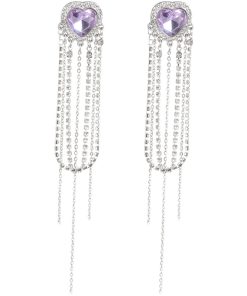 Purple Heart Tassel Long Earrings - Elegant Fashionista Ear Drops, Trendy Japanese & Korean Style with Silver Needles