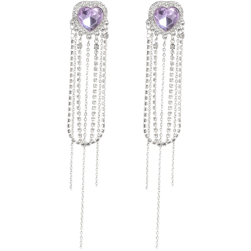 Purple Heart Tassel Long Earrings - Elegant Fashionista Ear Drops, Trendy Japanese & Korean Style with Silver Needles Purple Heart Tassel Long Earrings - Elegant Fashionista Ear Drops, Trendy Japanese & Korean Style with Silver Needles