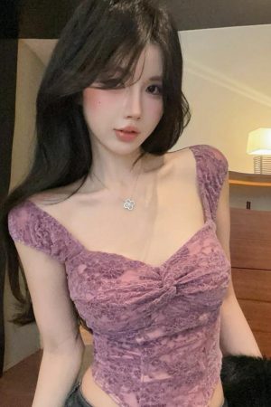 Purple Lace Off-Shoulder Camisole for Women - Sexy Summer Clavicle Crop Top, Y2K Fashion
