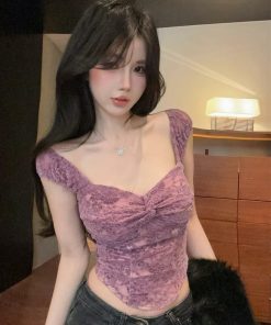Purple Lace Off-Shoulder Camisole for Women - Sexy Summer Clavicle Crop Top, Y2K Fashion