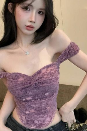 Purple Lace Off-Shoulder Camisole for Women - Sexy Summer Clavicle Crop Top, Y2K Fashion