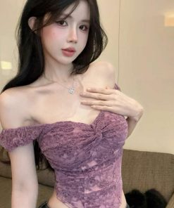 Purple Lace Off-Shoulder Camisole for Women - Sexy Summer Clavicle Crop Top, Y2K Fashion