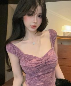 Purple Lace Spliced Camisole - Sexy Off-the-Shoulder Strapless Top for Women, Perfect for Outerwear, Y2K Style