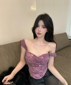 Purple Lace Spliced Camisole - Sexy Off-the-Shoulder Strapless Top for Women, Perfect for Outerwear, Y2K Style