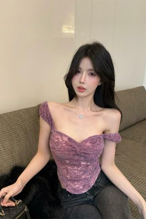 Purple Lace Spliced Camisole - Sexy Off-the-Shoulder Strapless Top for Women, Perfect for Outerwear, Y2K Style