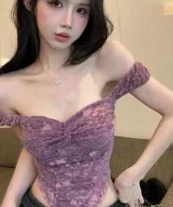 Purple Lace Spliced Camisole - Sexy Off-the-Shoulder Strapless Top for Women, Perfect for Outerwear, Y2K Style