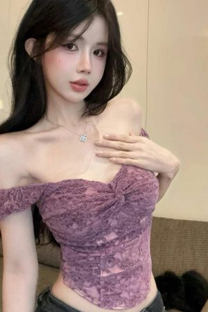 Purple Lace Spliced Camisole - Sexy Off-the-Shoulder Strapless Top for Women, Perfect for Outerwear, Y2K Style