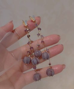 Purple Lily of the Valley Butterfly Hook Earrings for Women, Long Tassel Design, Niche Light Luxury 2025 Fashion Accessories