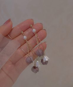Purple Lily of the Valley Tassel Long Earrings for Women - 2025 Trendy French Vintage Clip-On Accessories, Elegant Ear Jewelry