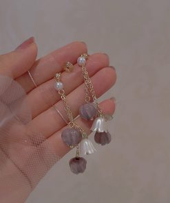 Purple Lily of the Valley Tassel Long Earrings for Women - 2025 Trendy French Vintage Clip-On Accessories, Elegant Ear Jewelry